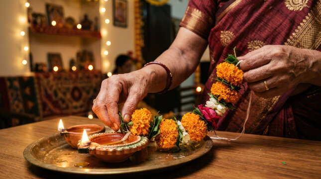 Woman decorating with marigold flowers and oil lamps for festival.