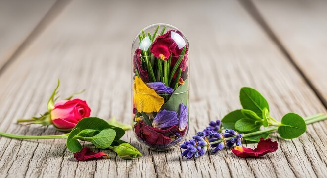 A transparent capsule filled with vibrant dried flower petals and green herbal leaves resting on a rustic wooden table with fresh botanicals, therapy, pharmacy, holistic
