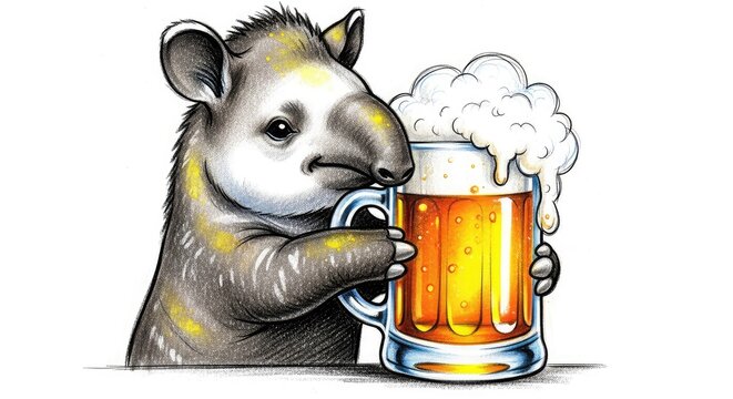 A whimsical charcoal sketch of a cute tapir affectionately hugging a large frothy beer mug during a festive and playful brew celebration, tavern, tapir, whimsical