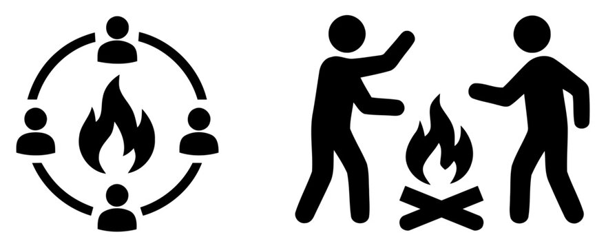 Campfire icon set with people silhouettes, outdoor bonfire gathering vector symbols, community around fire pit graphics for camping and hiking