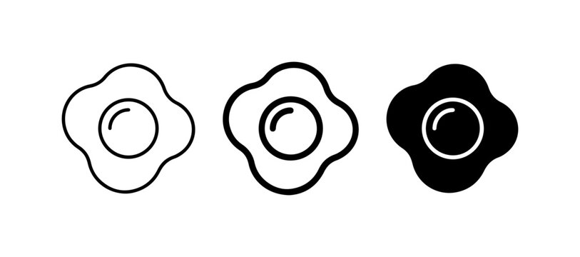 Fried Egg Icons, Simple Outline and Solid Black Vector Graphics for Breakfast Food