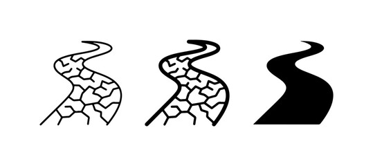 Obraz premium Winding River Icons, Flowing Water Symbol, Dry Cracked Earth Path Vector Set
