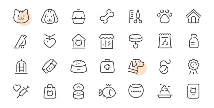 Pet care and veterinary outline icons set vector illustration