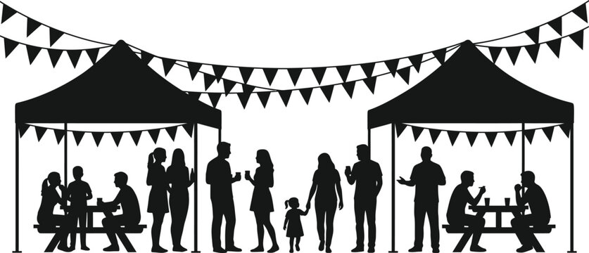 People silhouettes at outdoor festival with tents and bunting flags vector illustration for community event design