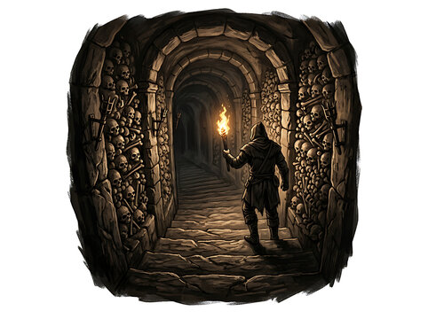 Mystical medieval knight in torchlit stone corridor.