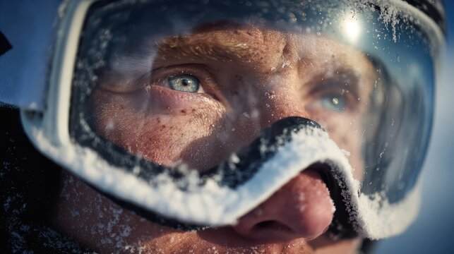 Frosty Gaze: A close-up portrait of a determined skier, eyes intensely focused beneath snow-covered goggles, embodying the spirit of winter adventure and extreme sports.