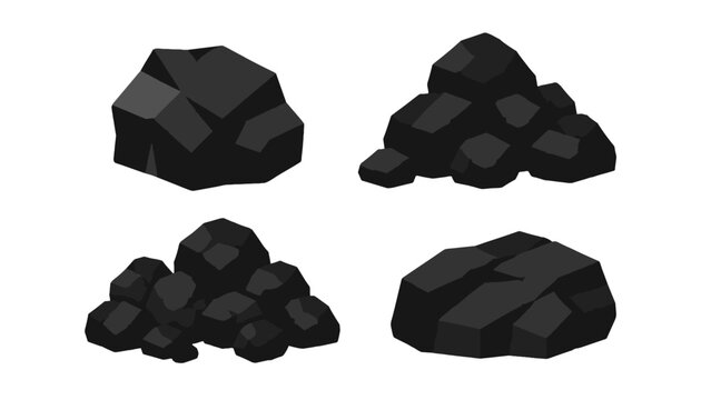 Cartoon black coal rocks and ore piles isolated on white