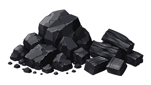 Black coal rocks and charcoal lumps isolated on white
