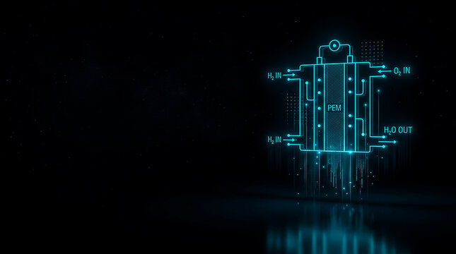 Digital depiction of a PEM electrolyzer breaking water into hydrogen and oxygen with labeled inputs and outputs.