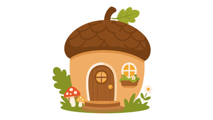 Cute acorn house with mushrooms and leaves in flat vector style © Alan