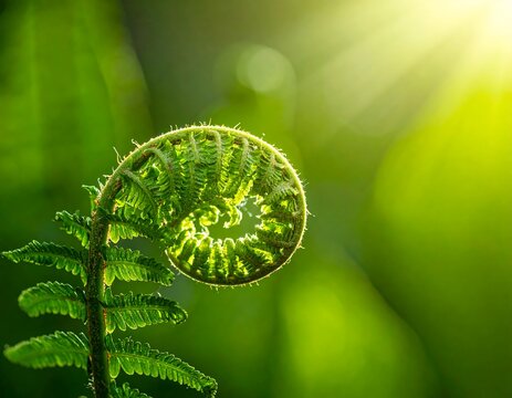 A close-up of a vibrant green fern frond curled into a spiral shape, illuminated by sunlight