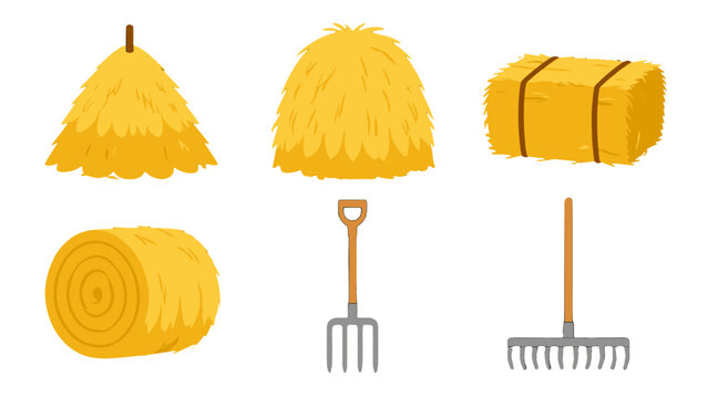 Cartoon hay bales, haystacks, rake and pitchfork set