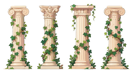 Naklejka premium Set of ancient stone columns with ivy in cartoon vector style