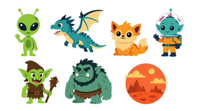 Cute cartoon fantasy and space character set with desert planet