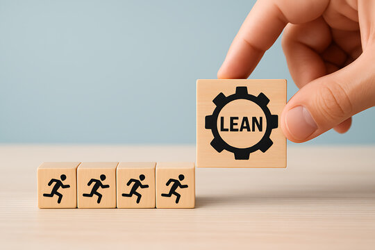 Implementing lean methodology a hand places the final block completing a business process puzzle