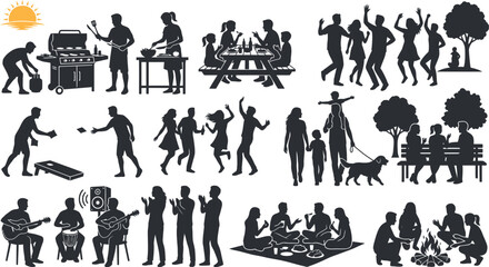 People silhouettes set enjoying outdoor summer activities barbecue party picnic camping and dancing vector illustration collection
