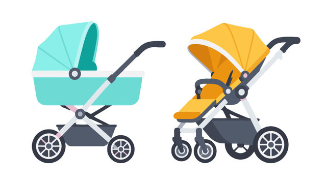 Flat vector baby strollers and prams isolated on white