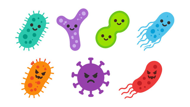 Cartoon bacteria and microbe characters set on white background