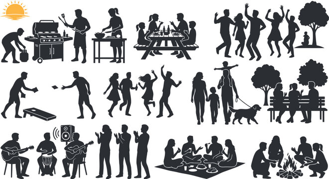 People silhouettes set enjoying outdoor summer activities barbecue party picnic camping and dancing vector illustration collection