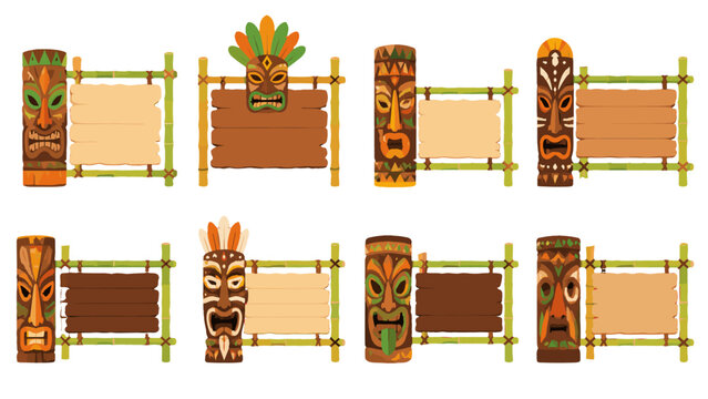 Cartoon bamboo sign frames with carved mask totem designs