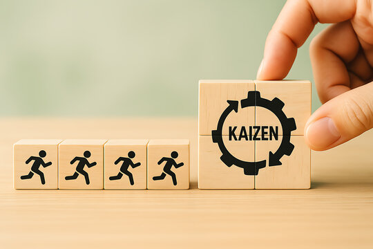 A hand placing a block with kaizen symbol onto a series of running human figures