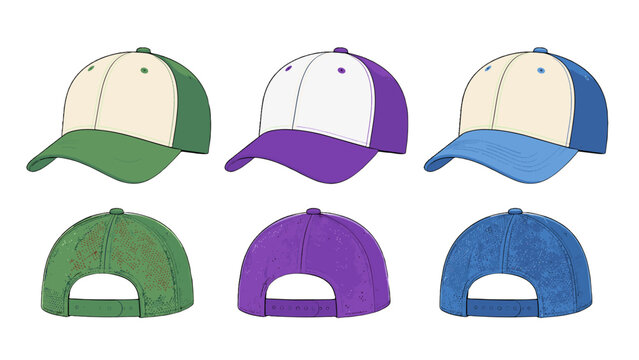 Set of baseball caps in multiple colors with front and back views