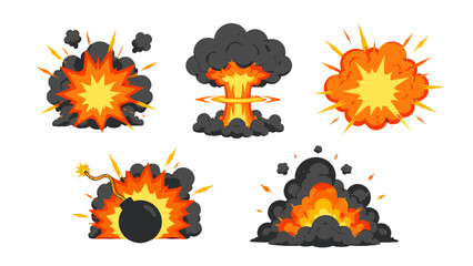 Cartoon explosion set with smoke fire blast and bomb icons © Alan
