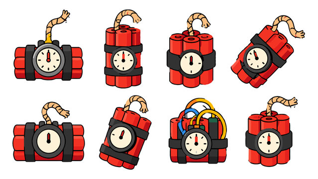 Cartoon dynamite bomb icons with timer and burning fuse