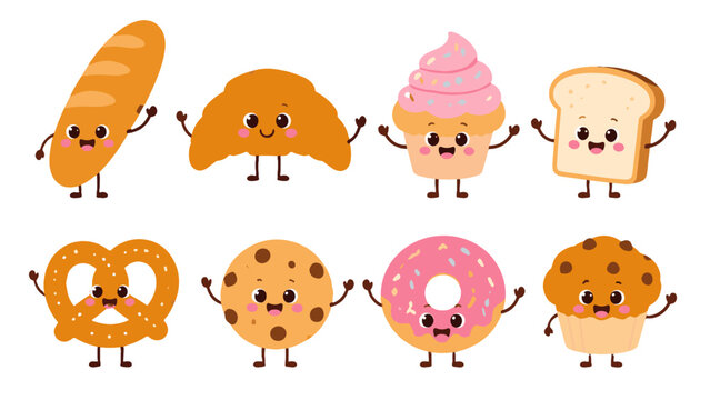 Cute cartoon bakery characters set with bread and pastries