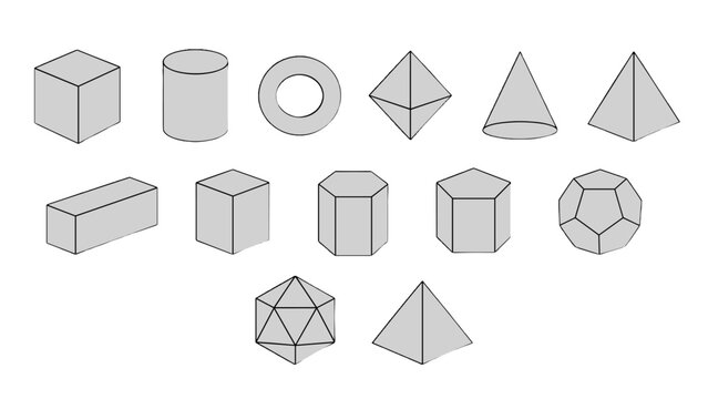 Gray geometric solids set with cube cylinder cone and pyramid