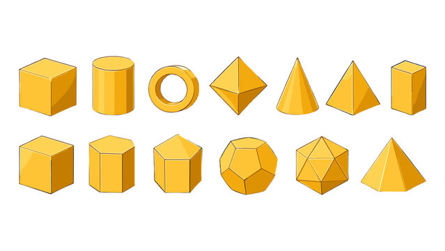 Golden geometric solid shapes set isolated on white background