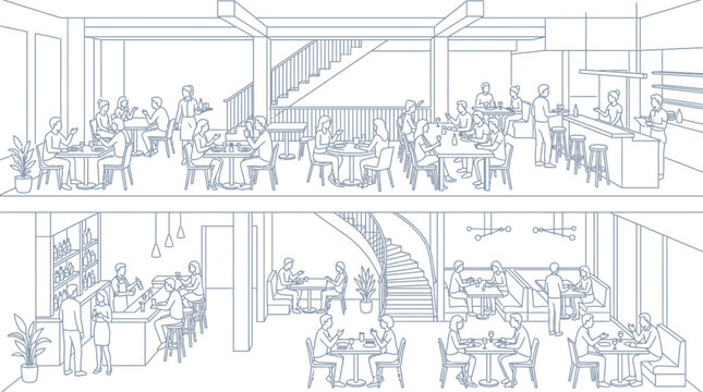 Two story restaurant interior cross section with people dining and staff serving in a clean line art style