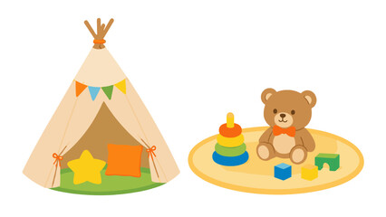 Vector nursery playroom scene with teepee rug and toys © Alan