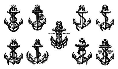 Classic anchor silhouette vector artwork with coiled rope nautical maritime symbol collection isolated on white background © Md