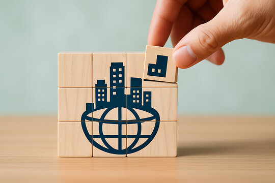 Completing the global puzzle connecting city skylines with wooden building blocks