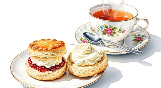 Artistic watercolor of buttery scones topped with clotted cream and jam beside a delicate porcelain cup of herbal tea on a white surface, saucer, drawing, cream