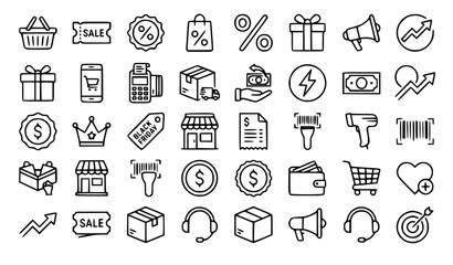 Fototapeta premium Modern Black Friday Outline Shopping Icons Collection with Discounts and Promotions Vector