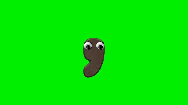 Funny cartoon comma character with 3d chocolate texture and eyes on green screen