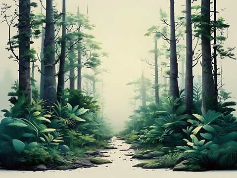 Misty forest path with tall pine trees and ferns.