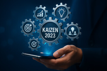 Fototapeta premium Kaizen concept with gears lightbulb and target icons displayed on a smartphone by a person