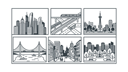 Naklejka premium Urban city life line art vector icon set featuring skyscrapers transportation bridge street and park scenes