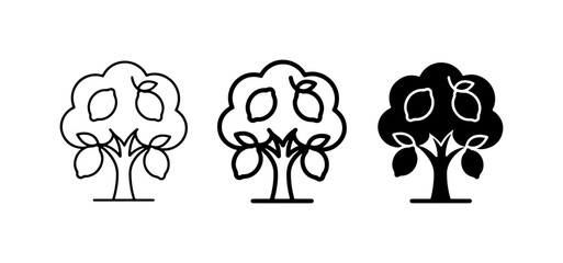 Obraz premium Lemon Tree Icons, Citrus Fruit Orchard Vector Graphics, Simple Outline and Silhouette Styles