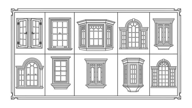 Architectural window vector icons set with classic and vintage frame designs for building facade illustration