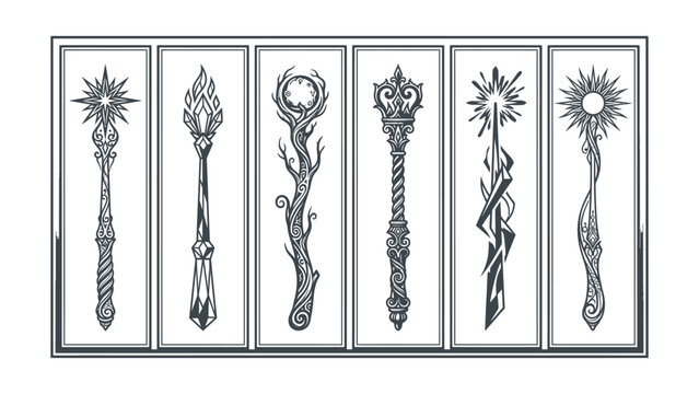 Fantasy magic wands and scepters vector set with mystical symbols, star, moon, flame, and crystal designs for gaming and tattoo art
