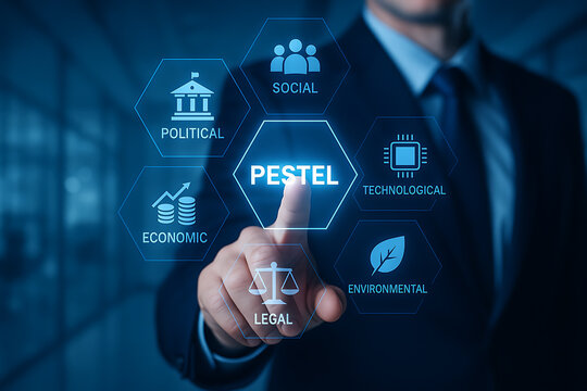 A businessman interacts with a digital pestel analysis interface displaying key business factors