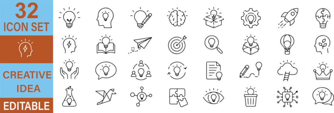 Creative Idea Vector Outline Icons Set &ndash; Innovation, Brainstorming and Creative Thinking Line Symbols Collection