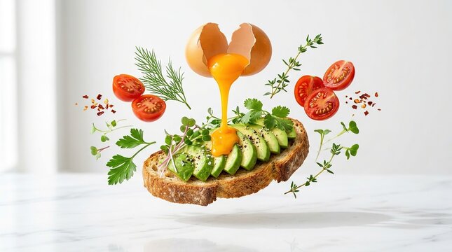 Surreal food photography of cracked egg pouring raw yolk onto levitating avocado toast surrounded by flying cherry tomatoes herbs and spices over marble countertop.