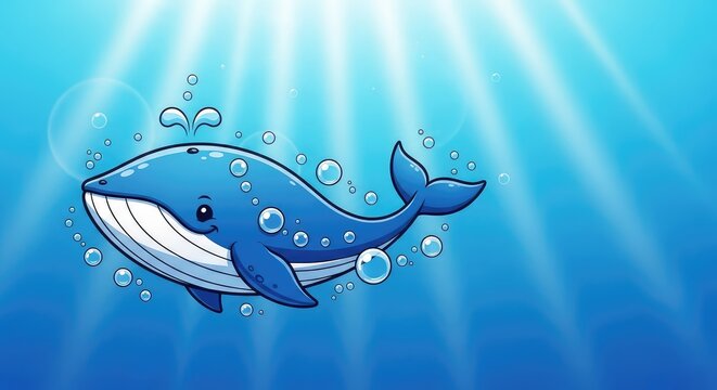 Cheerful blue whale swims through a bright ocean filled with bubbles and light rays, featuring a friendly smile and a cute cartoon style, water, character, rays