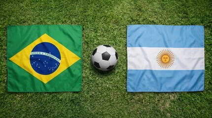 Fototapeta premium Brazil Argentina flags soccer ball green grass field football match championship tournament