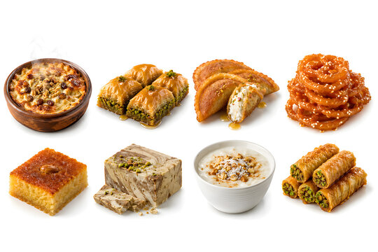 Sweet Egyptian Desserts Feast - Om Ali Baklava 
Qatayef Zalabia Basbousa Halawa Sahlab 
and Finger Pastries Realistic Food Illustration